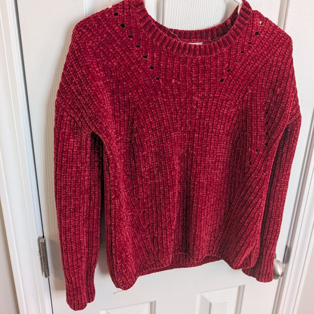 Pink Rose soft plush Chenille knit crew long sleeve Sweater hollow cut out desig
